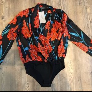 NWOT Zara Black Red Floral V Neck Faux Wrap Silky Bodysuit Blouse Small